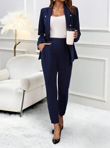 SHEIN Clasi Conjunto de pantalón y chaqueta elegante de mujer que realza la cintura, traje de mujer de negocios, ropa de otoño - Azul Marino - Ver 8