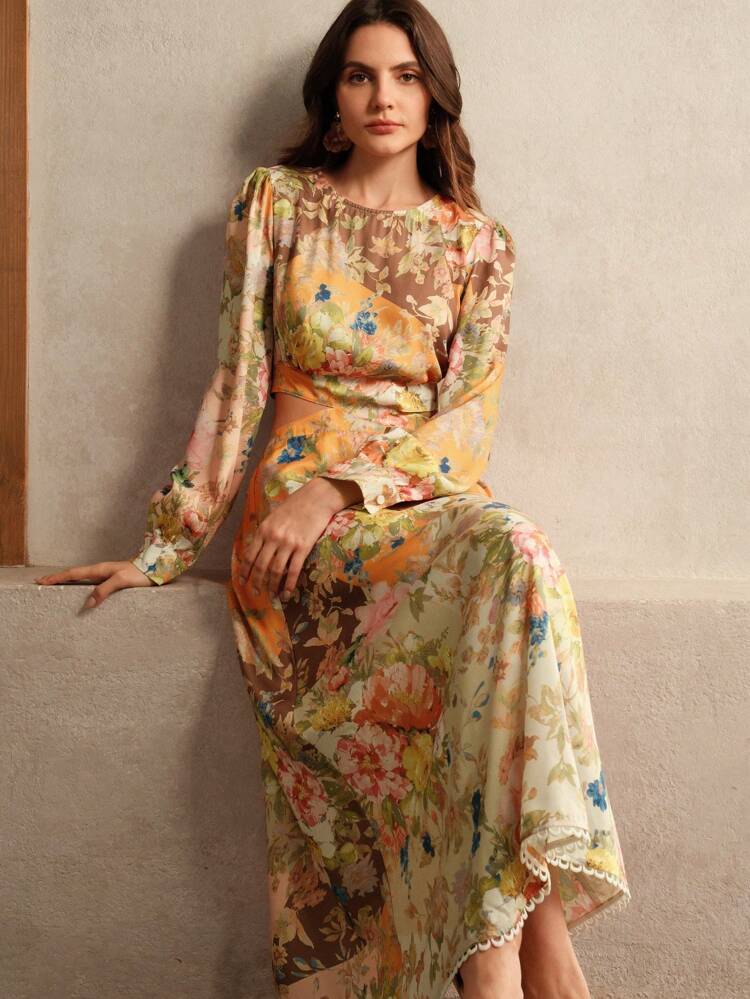Elegant Floral Print Tie Waist Long Dress For Women, Spring Autumn