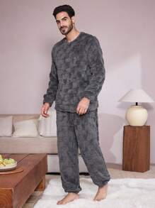 Men's Solid Color Plush Long Sleeve Pajama Set, Fall Clothes - Dark Grey - View 8