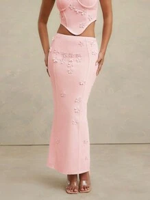 L'Amorae 3D Flower Embellishment Bodycon Maxi Skirt - Pink - View 4