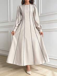 Seusyu 女士圆领长袖休闲时尚优雅阿拉伯风格朴素连衣裙 - 杏色 - 查看 4