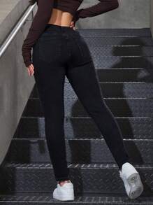 SHEIN PETITE 女式破洞纽扣门襟口袋设计时尚牛仔裤 - 黑色 - 查看 3