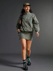 Exploreva 2 件套女士夏季休闲领口轻便宽松服装 - 绿色风衣夹克和裙子套装