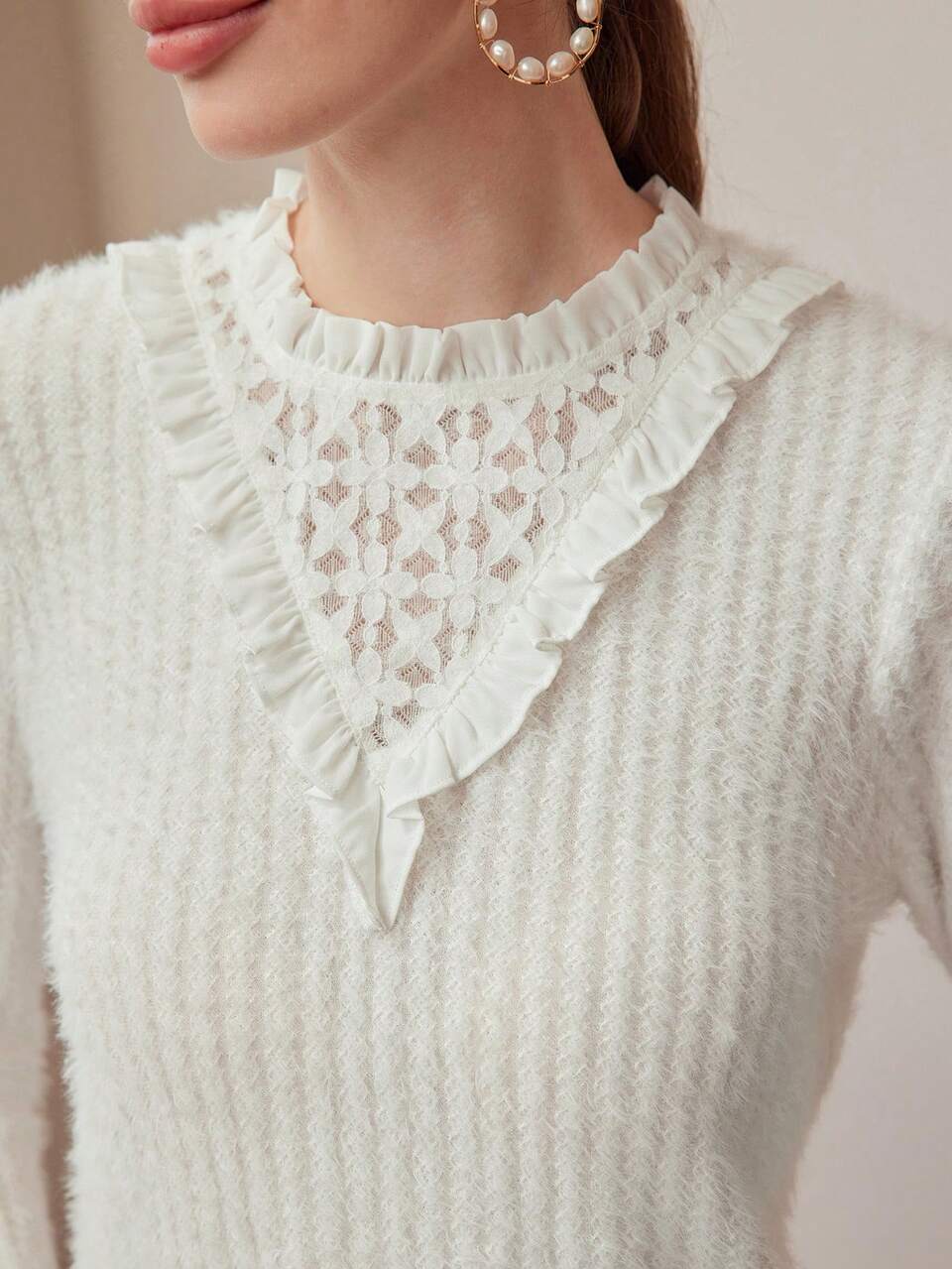 SOLID LACE INSERT FRILL TRIM FLUFFY TOP