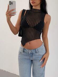 SHEIN SXY 女士迷人休闲闪亮性感条纹网眼透明不对称下摆 V 领背心，适合派对/晚会/俱乐部穿着 - 黑色 - 查看 5