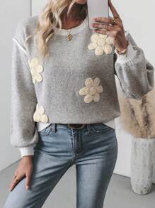 Chiquease Women's 3D Floral Pattern Crew Neck Sweater, Knit Pullover Fall Winter - Grey - View 4