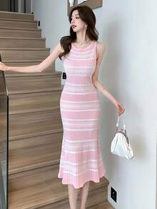 Ladies' Ribbed Color Blocked Slim Fit Vest, Elegant Round Neck Sleeveless Spring/Summer Dress Suitable For Spring/Summer/Autumn - Baby Pink - View 3