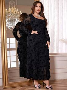 Modelyn 大码女式花卉网眼拼接荷叶边领长袖优雅连衣裙，优雅 A 字裙，适合晚会/婚礼嘉宾/周年纪念日长款女式装长款晚礼服 - 黑色 - 查看 6
