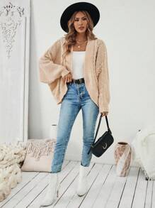 Chiquease Oversized Casual Batwing Sleeve  Flower Knitted Cardigan