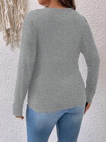 Calvaya Áo thun dáng ôm khoét hở cổ cỡ lớn, áo thun xám mùa xuân và mùa thu, áo thun xám cổ chữ V dài tay, áo thun cổ chữ V dài tay, áo thun đi chơi - Màu Xám nhạt - Xem 2