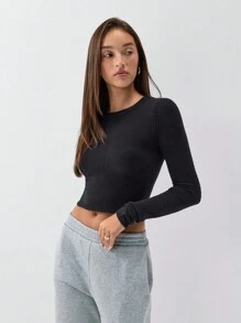 SHEIN Unity 1 pieza Suéter de punto casual de cuello redondo, manga corta y ajustado para mujer, color negro, para otoño/invierno, jersey de punto de otoño - Negro - Ver 6