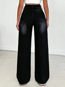 RueChic 100% Cotton HIGH RISE RIPPED WIDELEG BLACK JEAN - Black - View 2