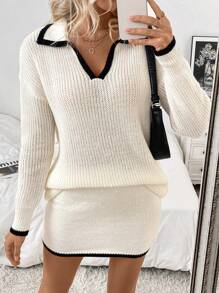SHEIN LUNE Conjunto de jersey oversize con bloque de color y cuello, y minifalda, estilo moda europea y americana para otoño/invierno - Beis - Ver 7