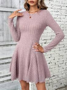 SHEIN LUNE Women's Fall Solid Color Ribbed Round Neck Long Sleeve Casual Mini Dress - Baby Pink - View 6