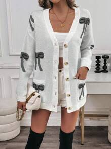 Chiquease Áo len cardigan dệt kim họa tiết nơ rộng rãi màu xanh nhạt cho nữ - Nhiều màu - Xem 3