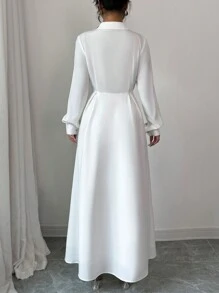 Elenzga Đầm Maxi Dài Thanh Lịch Cho Nữ Có Cổ Buộc, Thiết Kế Nếp Xếp Ly Và Nút - trắng - Xem 2