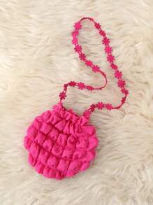 SHEIN Young Girl Solid Color Knit Round Neck Gigot Sleeve Fitted Casual Dress With Sling Bag