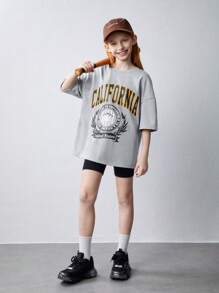 SHEIN Tween Girl 针织纯色字母印花超大 T 恤和紧身裤套装 - 彩色 - 查看 4