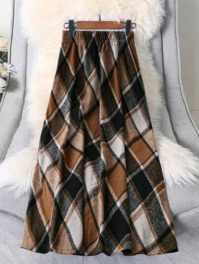 EMERY ROSE Plus Size Women's Elastic Waist Plaid Long Casual Skirt
