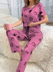 Kvinnor hjärta & brev tryck kortärmad pyjamas set - Multifärgad - Visa 3