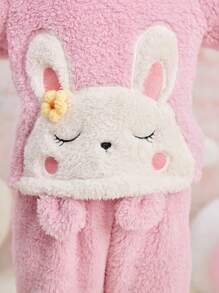2pcs Young Girls Simple Pink Plush Cute Rabbit Pattern Hooded Long Sleeve Top And Pants Sleepwear Set - Baby Pink - View 6