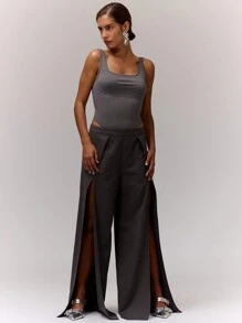 MUSERA Pantalones con pierna extremadamente ancha y abertura, elegantes, de verano, sexy y con estilo casual - Gris Oscuro - Ver 3