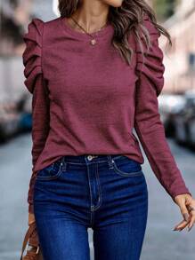 SHEIN Clasi Gigot Sleeve Button Detail Tee - Hot Pink - View 3