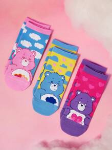SHEIN X Care Bears 3 pares/Paquete de calcetines de tobillo para mujer con patrón de oso de dibujos animados y color contrastante, regalos