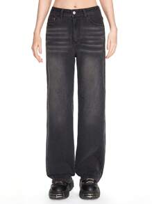 ROMWE Grunge Punk Quần Jeans Ống Thẳng Thêu Lửa Phong Cách Punk Cho Nữ - Xám - Xem 4