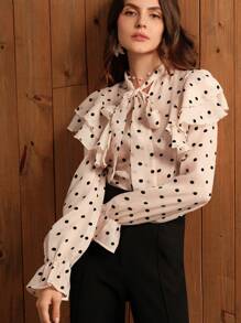 Anewsta Light Pink Polka Dot Ruffle Trim Long Sleeve Blouse With Bow Tie Collar, Autumn/Winter - Pink - View 4
