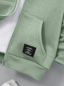 SHEIN 适合年轻男孩的休闲舒适连帽拉链运动衫 - 綠色 - 查看 5