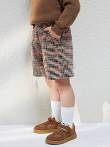 Blossori Young Boys Brown Plaid Woven Elasticized Waist Shorts, Fall/Winter - Brown - View 3