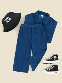 THE HAPPY LOOK Young Boys' Basic Casual Straight-Leg Pants With Elastic Waist, Slant Pockets, Corduroy Fabric, For Autumn & Winter