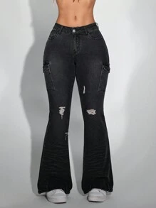 SHEIN Unity Women's Distressed Cargo Pocket Flared Casual Jeans - Dark Grey - View 1
