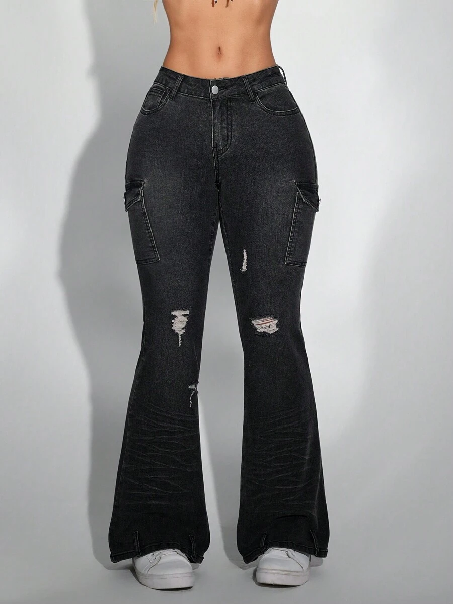 SHEIN Unity Women's Distressed Cargo Pocket Flared Casual Jeans - Dark Grey - View 1