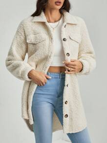 SHEIN Tall 秋冬落肩翻盖细节泰迪熊大衣 - 杏色 - 查看 6