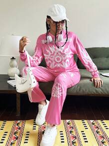 SHEIN 2 件套青少年女孩春秋季字母印花落肩连帽衫运动衫和休闲裤套装 - 粉色 - 查看 3