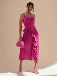 Glamine 女式夏季优雅垂坠领褶边缎面吊带连衣裙 - 玫紅色 - 查看 4