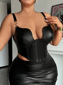 SHEIN SXY Reggiseno elegante da donna taglie forti con coppa a rete in PU nera, arricciatura e fibbia metallica decorativa regolabile per danza e festa - nero - Visualizzare 3