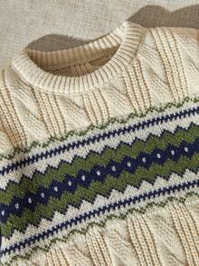 Áo len cổ tròn màu tương phản Fair Isle của Young Boy, có thiết kế cổ điển và thời trang - Xám - Xem 4