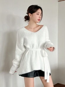 DAZY 女士宽松纯色长袖系带毛衣，秋季女装