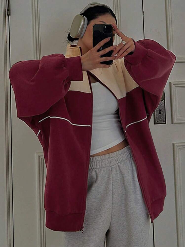 Women's Contrast Color Letter Print Casual Loose Fit Jacket,Fall Clothes Women Coats