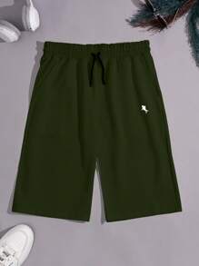 EURMUSE Cotton 2pcs Set Minimalist Embroidered Drawstring Casual Summer Shorts - Army Green - View 4