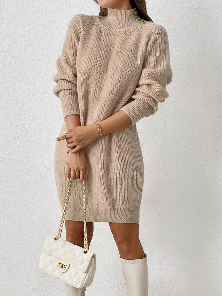 SHEIN LUNE 纯色立领毛衣裙，秋冬休闲 - 駝色 - 查看 1