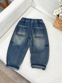 SHEIN YOUNG BOY 波西米亚风都市街头日常休闲风格复古水洗全松紧腰平口袋灯笼裤牛仔裤