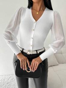 Chiquease Einfarbiger V-Ausschnitt Knopf-Vorderseite Rippstrick Cardigan - Beige - Übersicht 3