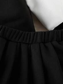 SHEIN 2 件装女婴字母印花长袖休闲棒球夹克和百褶裙套装，春季/秋季 - 黑色 - 查看 7