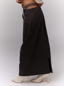 MUSERA Buckle Detail Side Slant Skirt Elegant Summer Sexy Chic - Grey - View 4