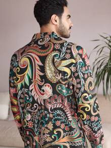 Manfinity ChillVibe Men's Botanical Print Single-Breasted Long Sleeve Top And Pants Pajama Set - Multicolor - View 2