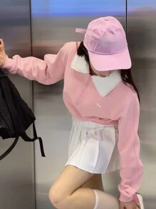 DAZY Women's Contrast Patchwork Half-Zip Relaxed Cropped Hoodie Sweatshirt - Pink - View 6